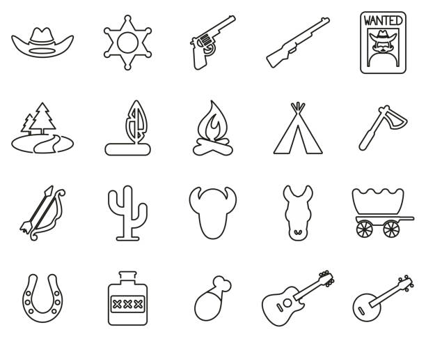 Wild West Icons Black & White Thin Line Set Big This image is a vector illustration and can be scaled to any size without loss of resolution. buffalo shooting stock illustrations