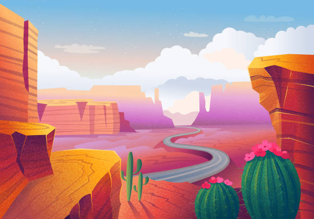 Wild West Landscape Wild west Texas. Landscape with red mountains, cactus, road and clouds. Vector illustration in cartoon style. desert area backgrounds stock illustrations