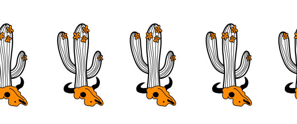 bildbanksillustrationer, clip art samt tecknat material och ikoner med vilda västern sömlös vektor gräns med kaktus ko tjur skalle. upprepa horisontellt mönster etnisk boho indian dekor utskrift element. bohemiska navajo, indiska, peru, mexikansk inredningsbanner. - desert cowgirl