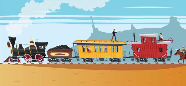wild west steam train robbery - texas shooting 幅插畫檔、美工圖案、卡通及圖標
