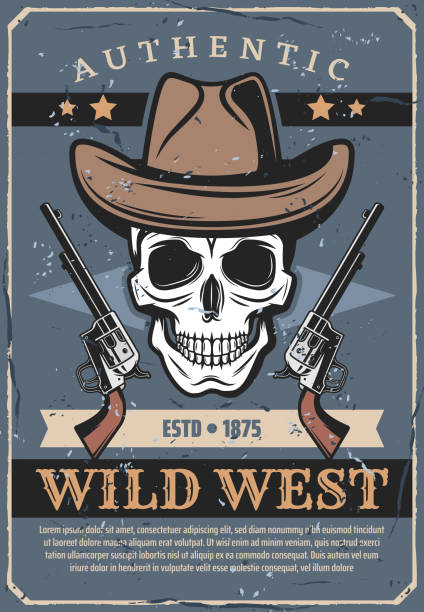 Wild West, vector skull in hat and revolver Skull in cowboy hat with revolvers, retro Wild West theme. Vector criminal and weapon from historical past of America. Authentic culture of westerns, head bones and pistols texas shooting stock illustrations