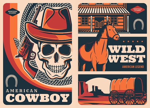 Wild west vintage posters. Western revolver gun, skull in cowboy hat and mustang horse, lasso, horseshoe and salon building, settlers wagon train in canyon at sunset. American history retro banners