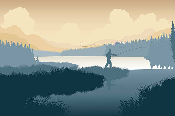 Wilderness angler EPS8 editable vector illustration of an angler in a wild landscape with the man as a separate object river silhouettes stock illustrations