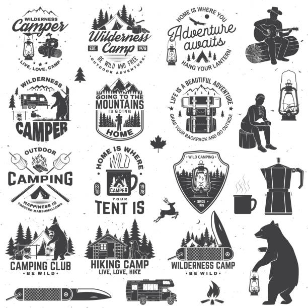 Wilderness camp. Be wild and free. Vector. Concept for badge, shirt or , print, stamp, patch. Vintage typography design with trailer, tent, campfire, bear, pocket knife and forest silhouette Wilderness camp. Be wild and free. Vector. Concept for badge, shirt or , print, stamp, patch or tee Vintage typography design with trailer, tent, campfire, bear, pocket knife and forest silhouette boy scout camp stock illustrations