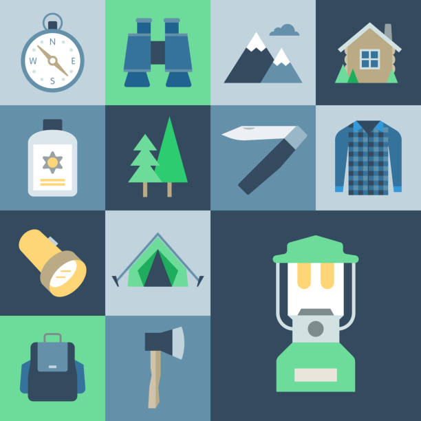 Wilderness Icon Set — Grid Series Professional icon set in flat color style. Vector artwork is easy to colorize, manipulate, and scales to any size. plaid shirt stock illustrations