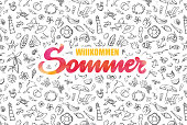 Vectorized hand drawn watercolor „welcome summer“ inscription on summer icons background