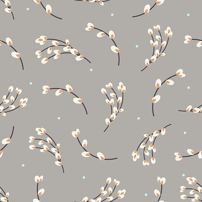 Willow twigs seamless background. Easter holiday background. Design for paper, textile, scrapbooking, printing. Vector illustration