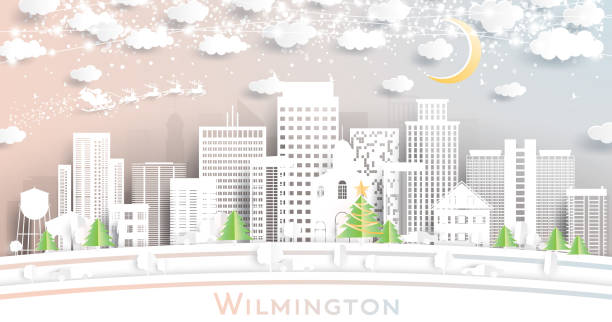 illustrazioni stock, clip art, cartoni animati e icone di tendenza di wilmington delaware usa city skyline in stile paper cut con fiocchi di neve, luna e neon garland. - de winter