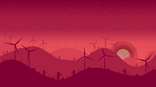 bildbanksillustrationer, clip art samt tecknat material och ikoner med vindkraftverk i en öken vid solnedgången vektor. - wind turbine sunset