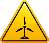 Wind turbine icon. This 100% royalty free vector illustration is featuring a yellow triangle button with rounded corners. The surface of the button is shiny and has a light effect on top. The main icon is depicted in black. There also a thin black outline around the edges of the triangle.