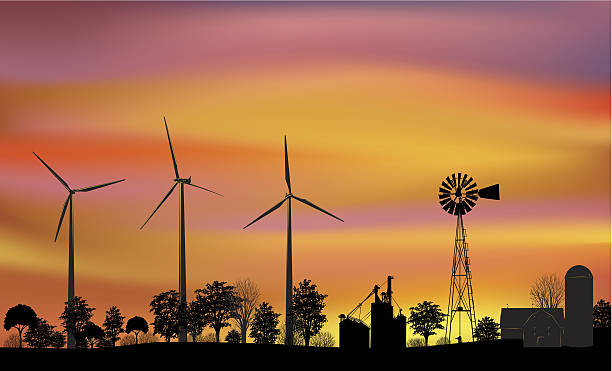 bildbanksillustrationer, clip art samt tecknat material och ikoner med wind turbines on a farm - wind turbine sunset
