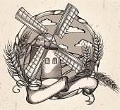 windmill & wheat, retro-atyled emblem; vector artwork