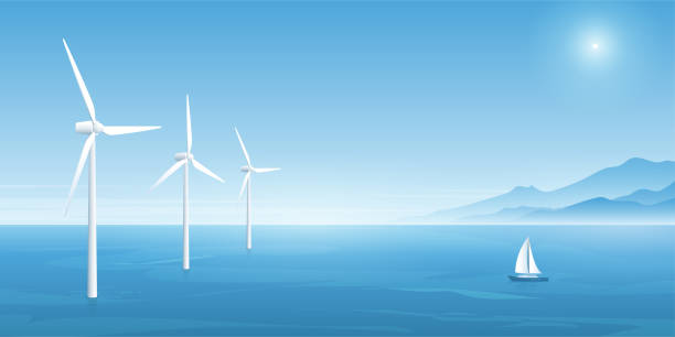 bildbanksillustrationer, clip art samt tecknat material och ikoner med windmill farm grön energi i havet, eko-energikoncept bakgrunder. vindkrafts teknik. vektor illustration. - wind turbine sunset