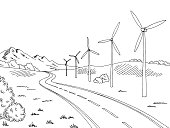 Windmills road graphic black white landscape sketch illustration vector