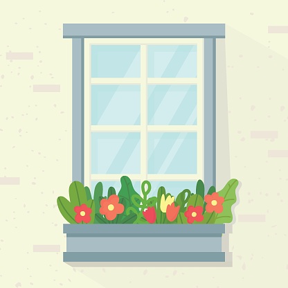 Window, box with flowers. white wall. Vector illustration in flat style.