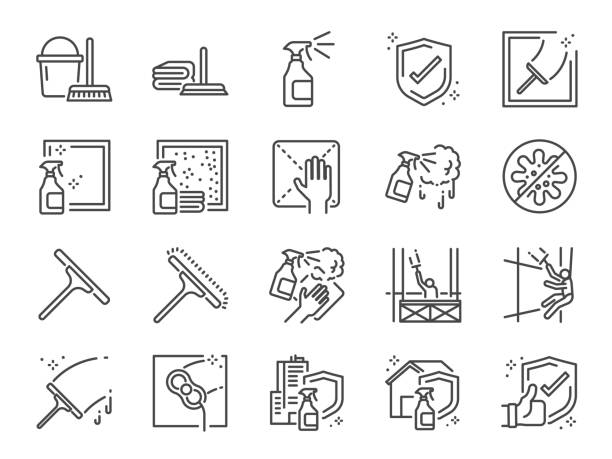 Window Cleaning line icon set. Included icons as cleaner services, clean, career, job, occupancy, Window sponge and more. Window Cleaning line icon set. Included icons as cleaner services, clean, career, job, occupancy, Window sponge and more. cleaning stock illustrations