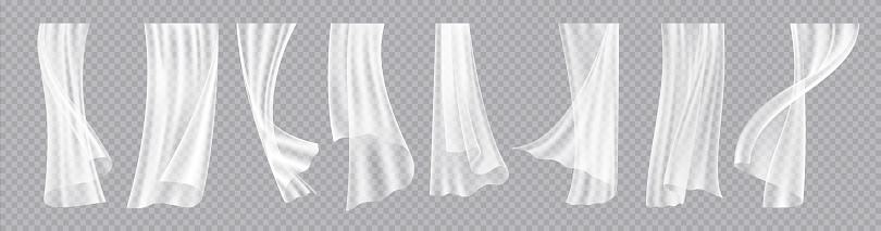 Window curtains. Realistic flowing cloth with wind breeze effect. Interior decorative elements. Elegant lightweight drapes template. Hanging fabric set. Vector room design accessories