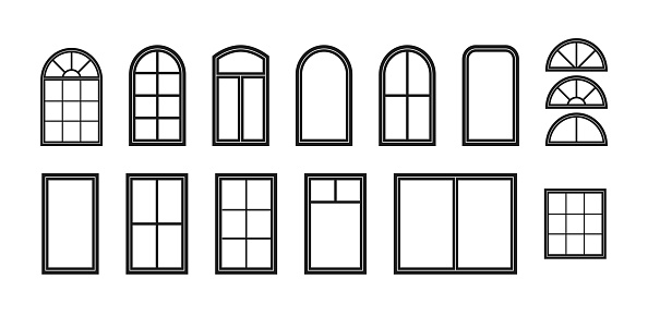 Window frame. Silhouette of window. Outline icon of house, building and facade. Black decorative arch and frame for office, architecture. Closed balcony in wall. Editable exterior isolated. Vector.
