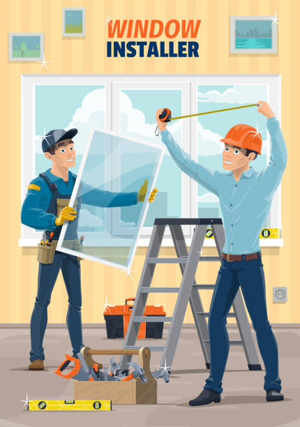 ilustrações de stock, clip art, desenhos animados e ícones de window installer workers, construction carpenter - plastic hammers