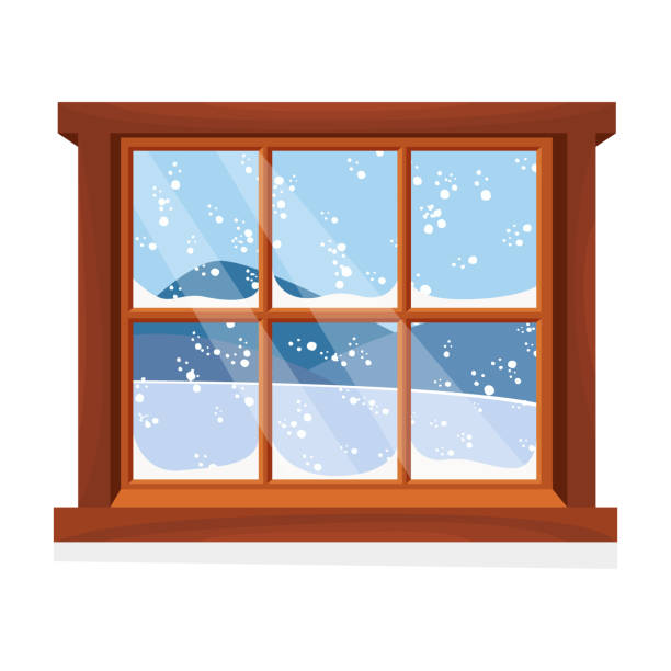 ilustrações, clipart, desenhos animados e ícones de janela com vista para a paisagem de inverno. estilo flat de desenho animado. ilustração vetorial. - janela