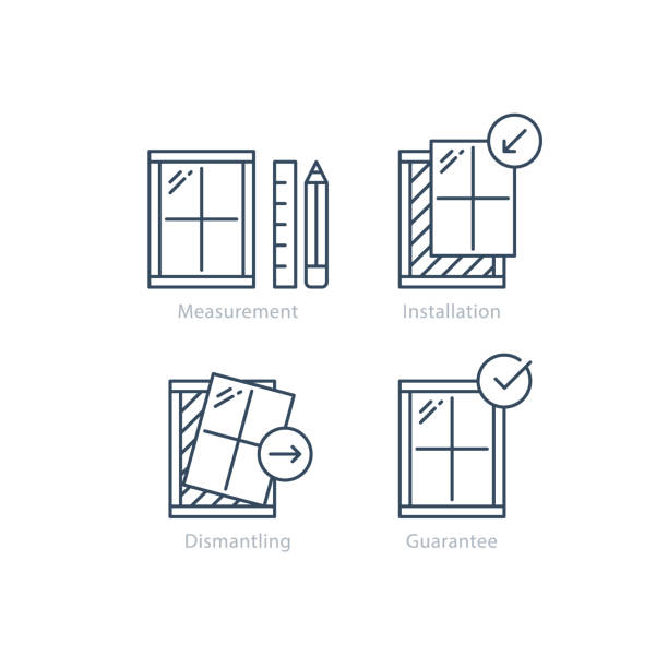 Window replacement order, measurement and dismantling old window icon Window installation services, replacement steps, vector mono line icons set window icons stock illustrations