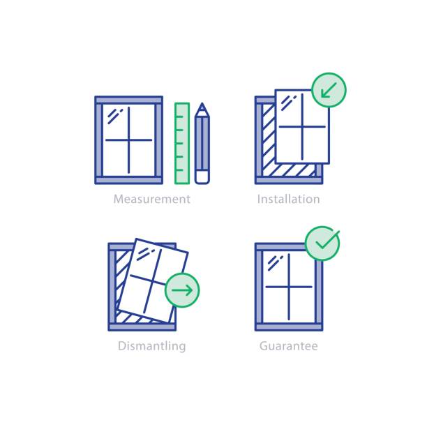 Window replacement order, measurement and dismantling old window icon Window installation services, replacement steps, vector mono line icons set window symbols stock illustrations