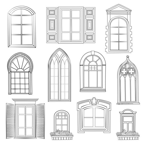 Window set. Window set. Different architectural style of windows doodle sketch stylish collection arch architectural feature illustrations stock illustrations