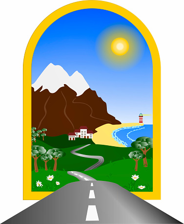 Window with road to a tourist and holiday destination