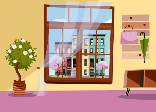 ilustrações de stock, clip art, desenhos animados e ícones de window with view of blooming trees and street colored multi-party cozy houses.spring brown interior with tree in tub,umbrellas on hanger. cityscape in blossom outside.flat cartoon vector illustration. - window, inside apartment, new york