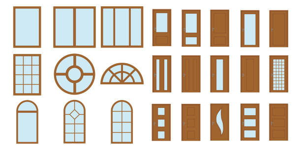 Windows and doors. Set of brown windows and doors isolated on a white background. Vector, cartoon illustration. Vector. Windows and doors. Set of brown windows and doors isolated on a white background. Vector, cartoon illustration. Vector. door borders stock illustrations