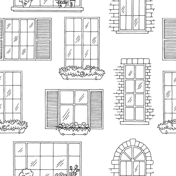 Windows graphic black white seamless pattern sketch illustration vector Windows graphic black white seamless pattern sketch illustration vector window designs stock illustrations