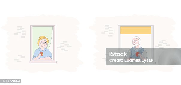 istock windows with elderly couple. an elderly man and a woman - neighbors communicate and drink coffee. Stay home. Friendship, home stay, quarantine concept Vector 1264721063