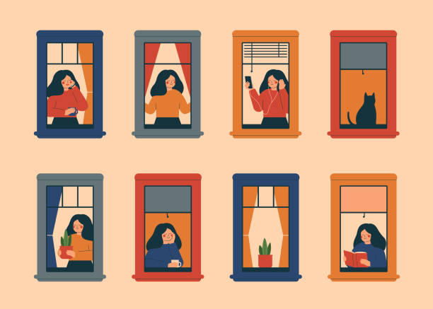 Windows with women doing daily things in their apartments Windows with women doing daily things in their apartments - drinking tea, talking phone, carrying potted plant, reading book, listening music, breathing fresh air. Vector illustration in flat style. window frame stock illustrations