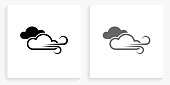 Windy Weather Black and White Square Icon. This 100% royalty free vector illustration is featuring the square button with a drop shadow and the main icon is depicted in black and in grey for a roll-over effect.