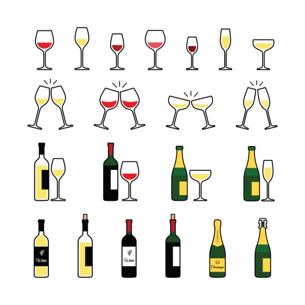 Wine and champagne bottles and glasses icons set. Wine and champagne bottles and glasses icons set. Vector illustration champagne icons stock illustrations