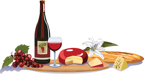 Wine and Cheese Assortment of Elements on Cutting Board