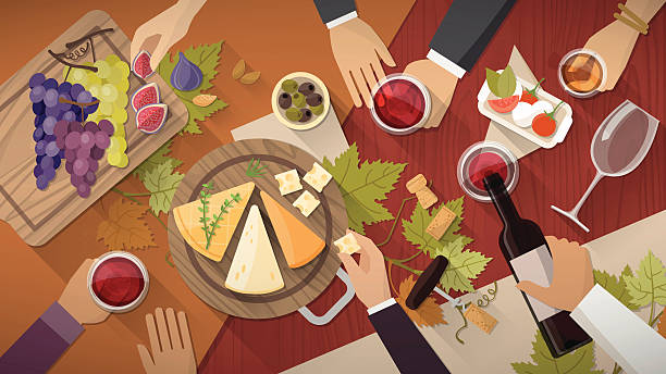 Wine and cheese tasting Wine and cheese tasting party with wine glasses, bottles grapes and cheese appetizers, hands of people drinking all around party social event illustrations stock illustrations
