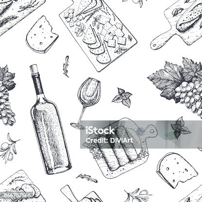 istock Wine and gourmet snacks seamless pattern. Cheese, meat, bread, grape hand drawn. Gourmet food pattern. 866757566