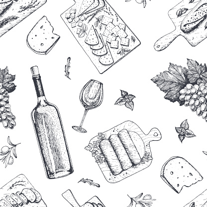 Wine and gourmet snacks seamless pattern. Cheese, meat, bread, grape hand drawn. Gourmet food pattern.