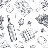 istock Wine and gourmet snacks seamless pattern. Cheese, meat, bread, grape hand drawn. Gourmet food pattern. 866757566