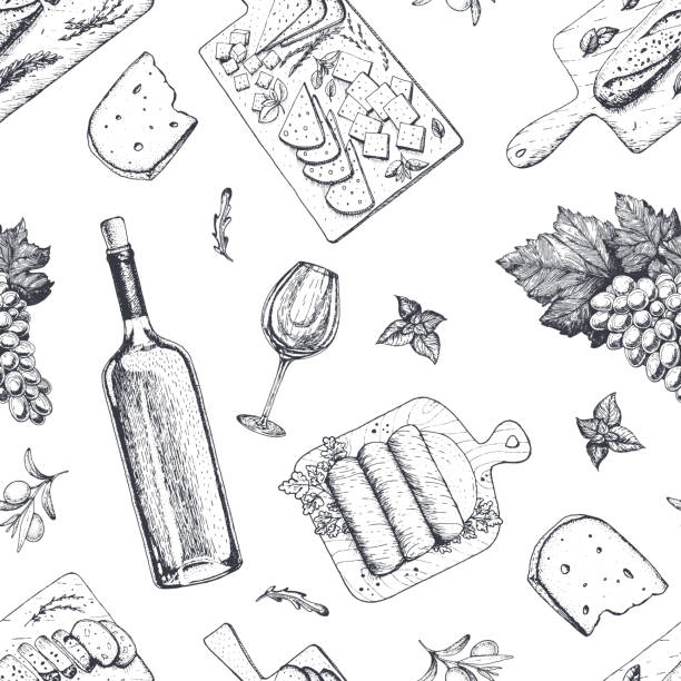 Wine and gourmet snacks seamless pattern. Cheese, meat, bread, grape hand drawn. Gourmet food pattern. Wine and gourmet snacks seamless pattern. Cheese, meat, bread, grape hand drawn. Gourmet food pattern. cheese drawings stock illustrations