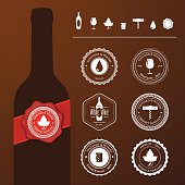 Wine bottle silhouette with stamp set and wine icons. Eps10. Contains blending mode objects.
