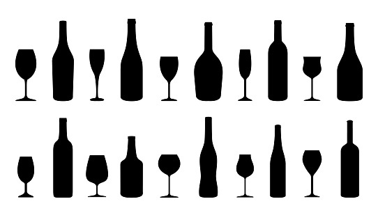 Wine bottles and glasses silhouettes set. Vector illustration