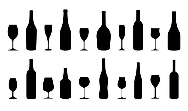 stockillustraties, clipart, cartoons en iconen met wijn flessen en glazen silhouetten instellen. vectorillustratie - wijn