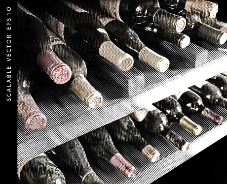 Wine bottles in rack with engraving woodcut vector technique