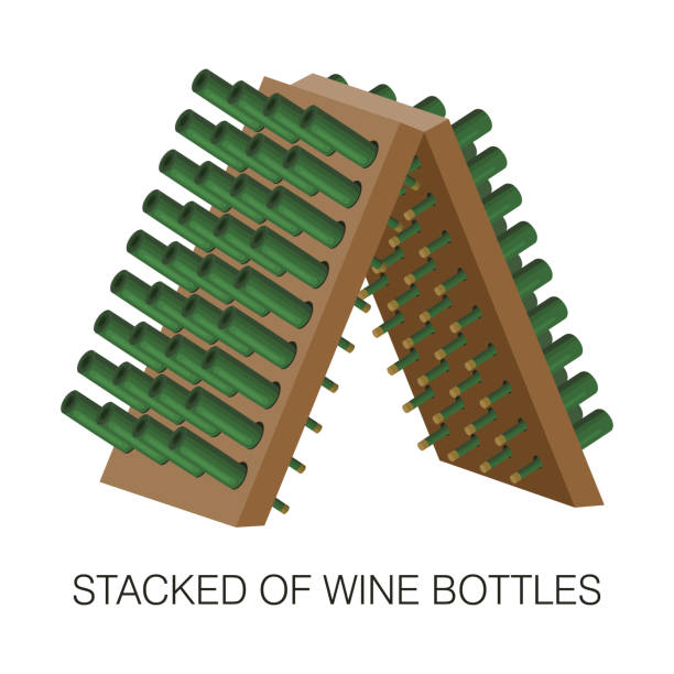illustrations, cliparts, dessins animés et icônes de cave à vin avec empilés de bouteilles de vin. établissement vinicole - présentoir blanc 3d