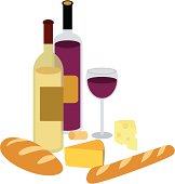 Wine, cheese and bread in an editable vector file with no gradients.