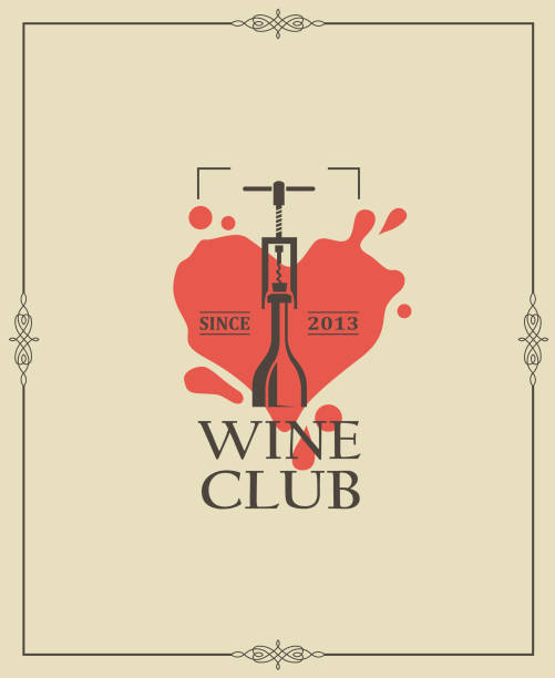 wine club label wine club emblem with bottle and corkscrew in frame champagne borders stock illustrations