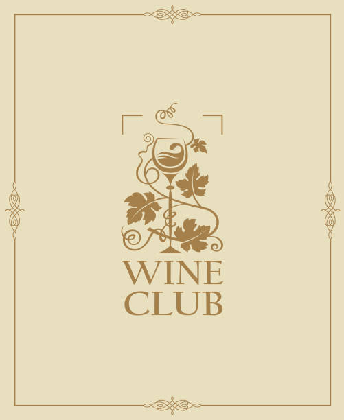 wine club label wine club emblem with bottle and glass champagne borders stock illustrations