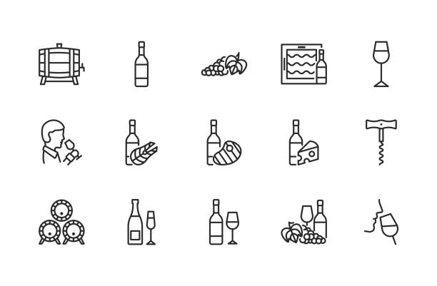 ilustrações de stock, clip art, desenhos animados e ícones de wine flat line icon set. vector illustration symbols about different types of wine for fish, meat and cheese. grape, sommelier, cheese, barrel, corkscrew. editable strokes - sniffing glass